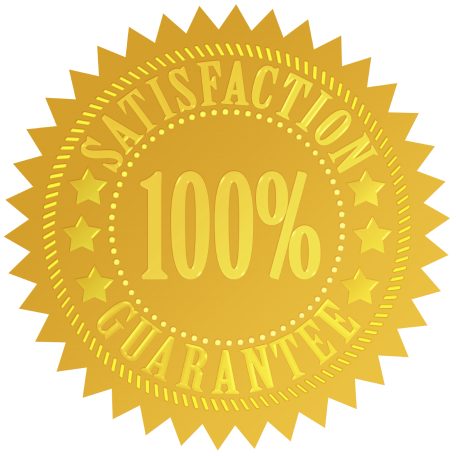 Yellow seal graphic with text "Satisfaction 100% Guarantee" and stars around the edges.